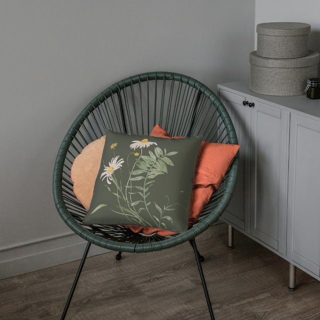 Sage green daisy floral botanical Throw Pillow (Creator Uploaded)