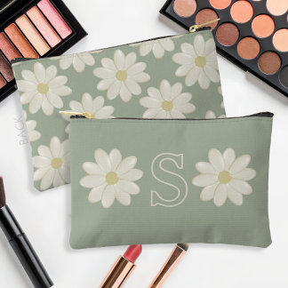 Sage Green Daisy Monogrammed Cosmetic Bag