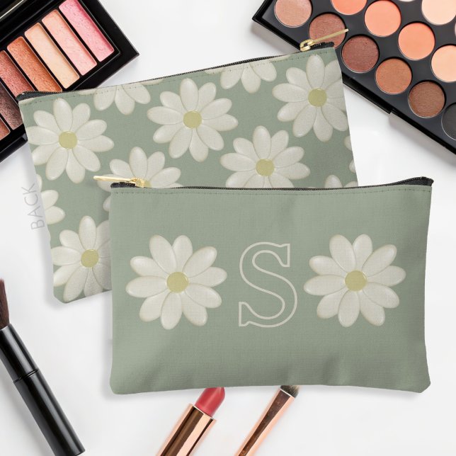Sage Green Daisy Monogrammed Cosmetic Bag (Sage Green Daisy makeup bag with space for your initial )