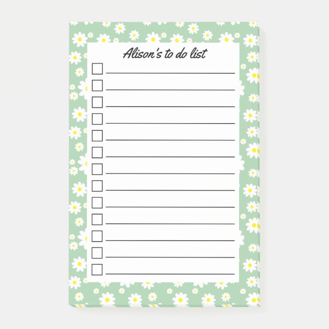 Sage Green Daisy Print Personalised To Do List Post-it Notes (Front)