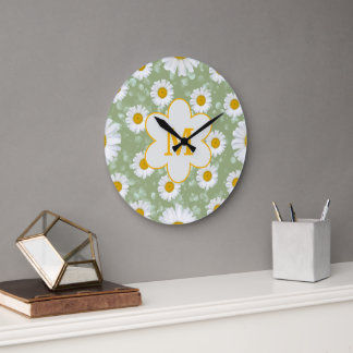 Sage Green Daisy Wildflower Monogram Large Clock