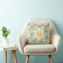 Sage Green Daisy Wildflower Monogram Throw Pillow