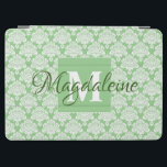 Sage Green Damask iPad Cover with Monogram<br><div class="desc">This beautiful iPad case features a classic white damask pattern over a sage green background. The design is personalised with a monogram initial letter as well as a customisable name. Perfect for work or school,  or any woman who wants a pretty case with a simple yet elegant design.</div>