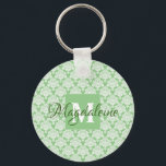 Sage Green Damask Keychain with Monogram<br><div class="desc">This beautiful keychain features a classic white damask pattern over a sage green background. The design is personalised with a monogram initial letter as well as a customisable name for a simple yet elegant look. Perfect gift for any woman who wants a personalised keychain.</div>