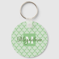 Sage Green Damask Keychain with Monogram