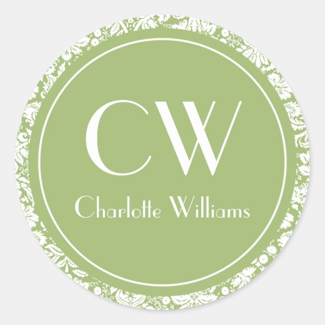 Sage Green Damask Monogram Classic Round Sticker (Front)