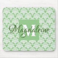 Sage Green Damask Mouse Pad with Monogram & Name