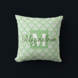 Sage Green Damask Pillow with Monogram<br><div class="desc">This beautiful pillow features a classic white damask pattern over a sage green background. The design is personalised with a monogram initial letter as well as a customisable name. Perfect addition to a dorm room,  bedroom,  or any room where you want a simple,  elegant style.</div>