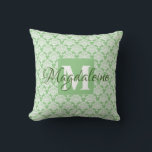 Sage Green Damask Pillow with Monogram<br><div class="desc">This beautiful pillow features a classic white damask pattern over a sage green background. The design is personalised with a monogram initial letter as well as a customisable name. Perfect addition to a dorm room,  bedroom,  or any room where you want a simple,  elegant style.</div>