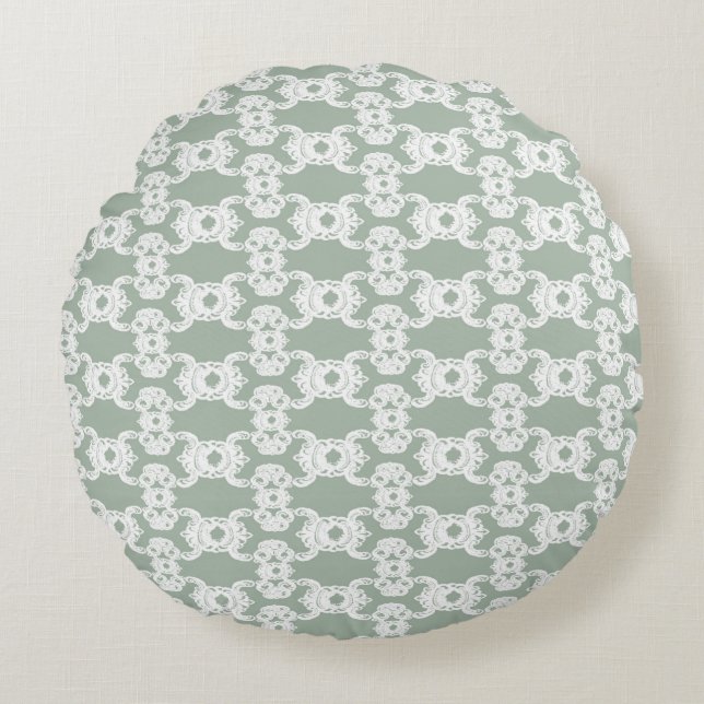 Sage Green Damask Round Cushion (Front)