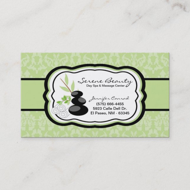 Sage Green Damask Spa Hot Stones Business Card (Front)