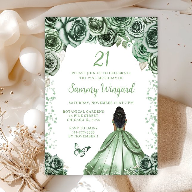 Sage Green Dark Skin Princess Birthday Party Invitation (Creator Uploaded)