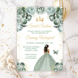Sage Green Dark Skin Princess Sweet Sixteen Invitation