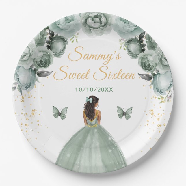 Sage Green Dark Skin Princess Sweet Sixteen Paper Plate (Front)