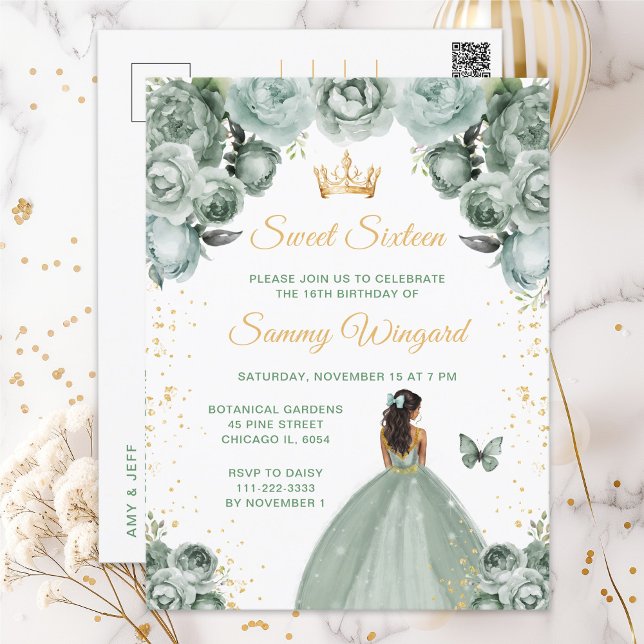 Sage Green Dark Skin Princess Sweet Sixteen Postcard (Creator Uploaded)