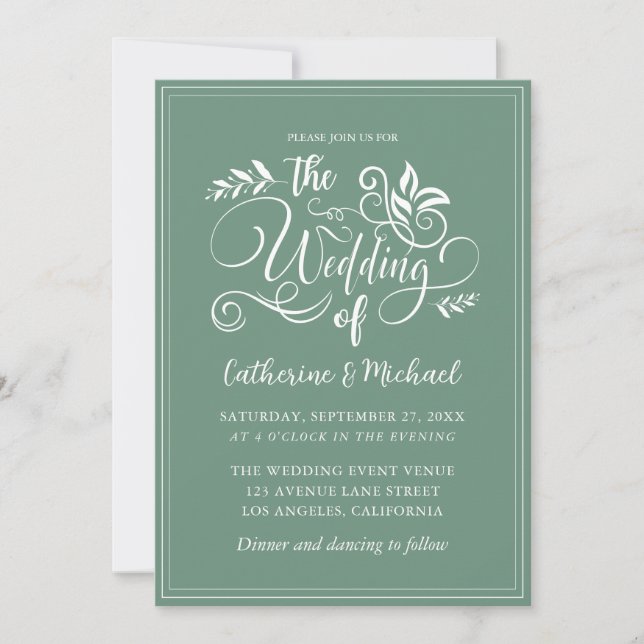 Sage Green Decorative Wedding Calligraphy  Invitation (Front)