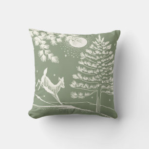 Sage Green Deer In the Snow Throw Pillow