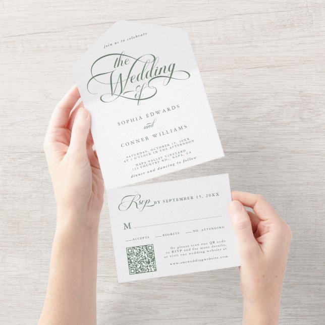 Sage Green Delicate Elegant Script Wedding  All In One Invitation (Tearaway)
