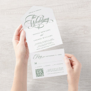 Sage Green Delicate Elegant Script Wedding  All In One Invitation