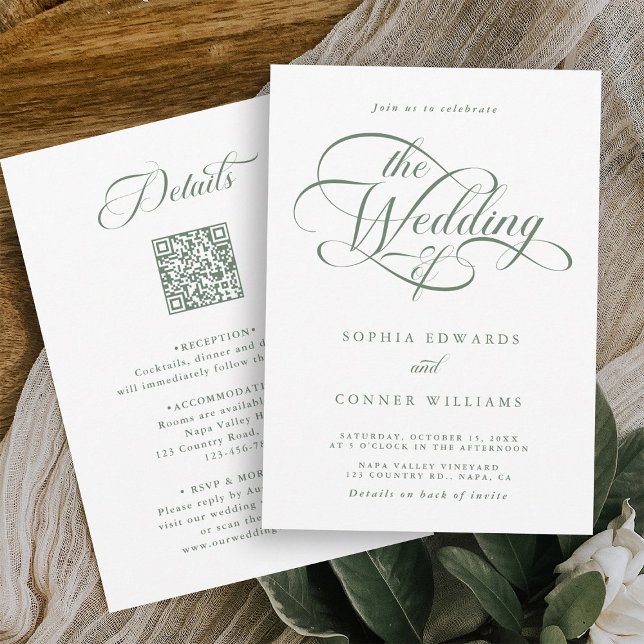 Sage Green Delicate Elegant Wedding All in One Invitation (Front & Back)