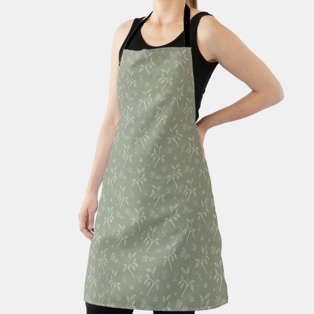 Sage Green Delicate Leaves Line Art  Apron (Insitu)