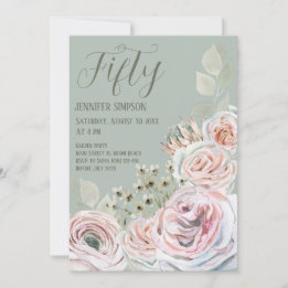 Sage green Delicate watercolor pale pink flowers Invitation