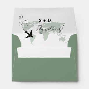 Sage Green Destination Airplaine World map Wedding Envelope