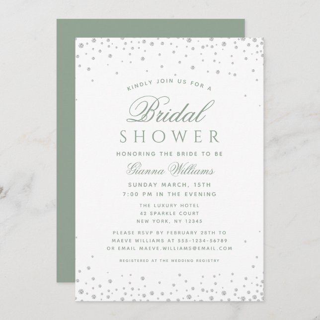 Sage Green Diamonds Modern Luxury Bridal Shower Invitation (Front/Back)