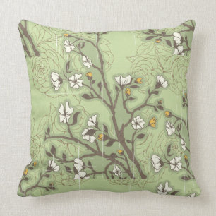 Sage Green Distressed Asian Floral Throw Pillow