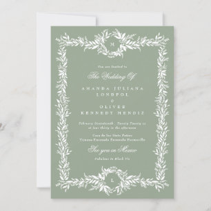 sage green double monogram botanical frame wedding invitation