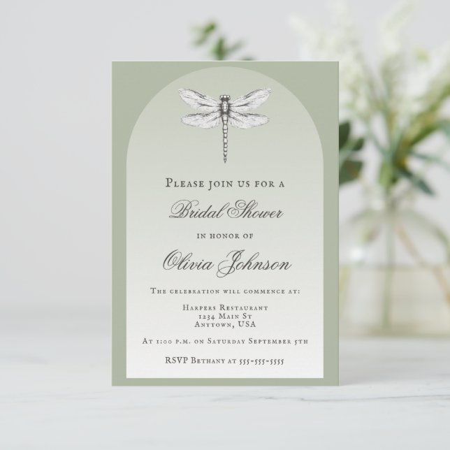 Sage Green Dragonfly Bridal Shower Invitation (Standing Front)