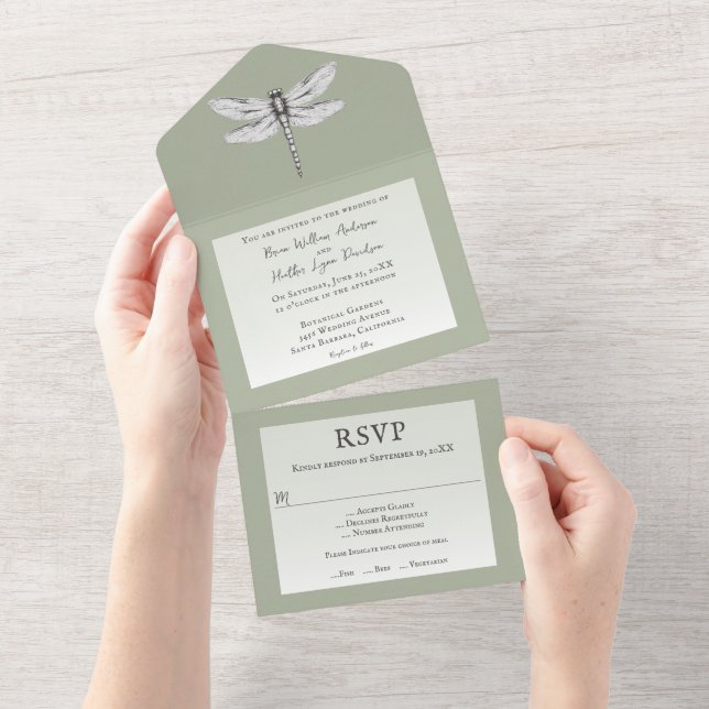 Sage Green Dragonfly Wedding All In One Invitation (Tearaway)