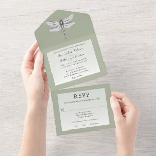 Sage Green Dragonfly Wedding All In One Invitation