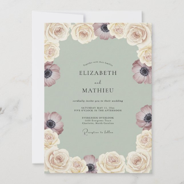 Sage Green Dreamy Anemone Wedding Invitation (Front)