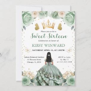 Sage Green Dress Black Hair Princess Sweet 16 Invitation