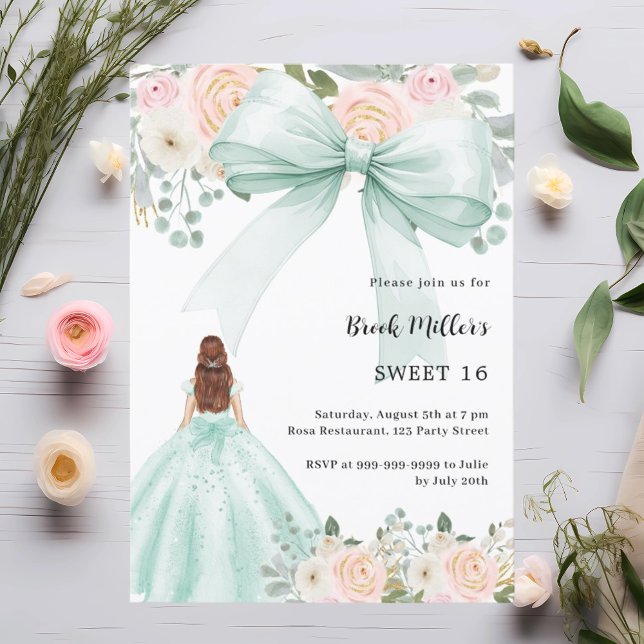 Sage green dress bow pink florals Sweet 16 Invitation (Creator Uploaded)