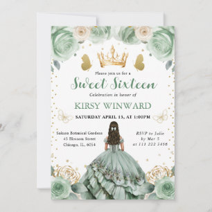 Sage Green Dress Brunette Princess Sweet 16 Invitation