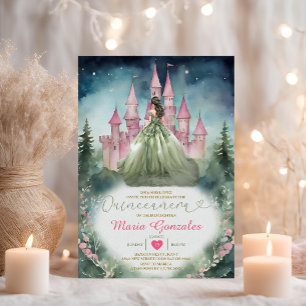 Sage Green Dress Forest Pink Castle 16 Quinceañera Invitation