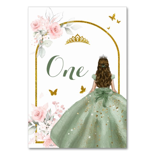 Sage Green Dress Gold Royale Princess XV Años Table Number (Front)