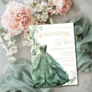 Sage Green Dress Gown Floral Princess Quinceañera  Invitation
