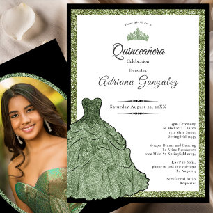 Sage Green Dress & Tiara Custom Photo Quinceanera Invitation