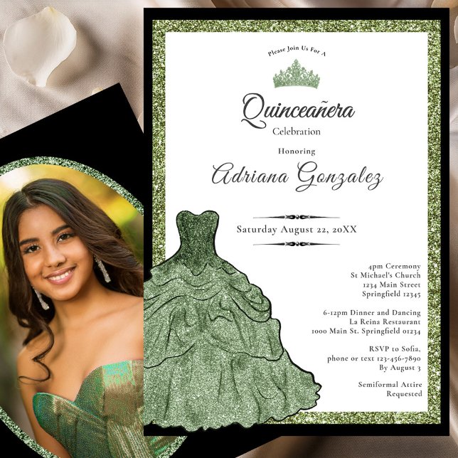 Sage Green Dress & Tiara Custom Photo Quinceanera Invitation (Creator Uploaded)