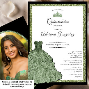 Sage Green Dress & Tiara Custom Photo Quinceanera Invitation