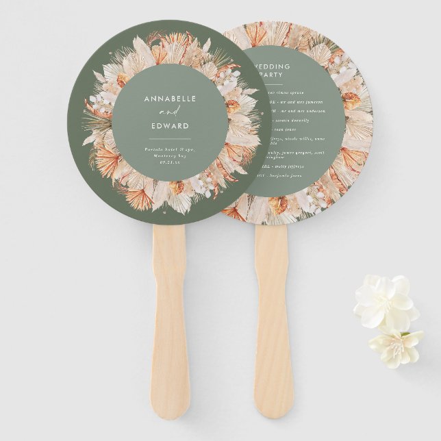 sage green dried botanical script elegant wedding hand fan (Front and Back)