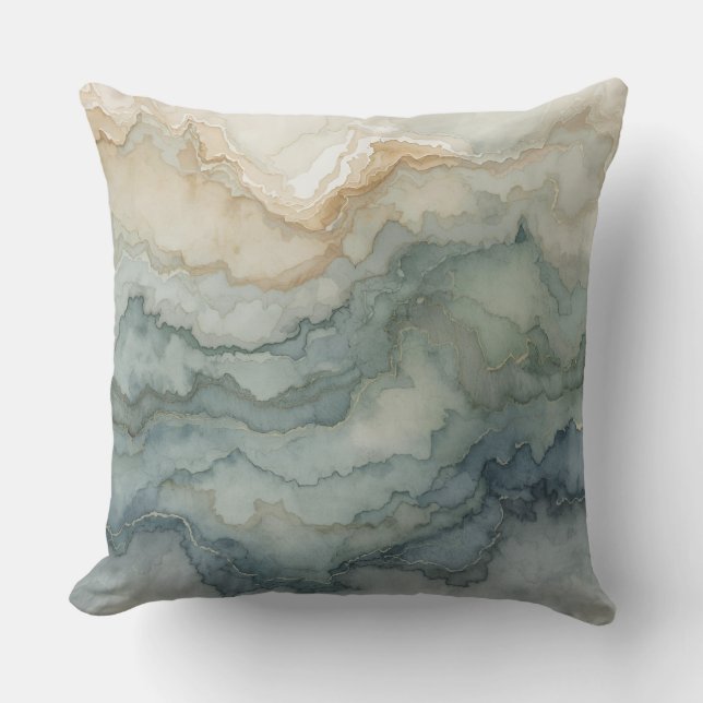 Sage Green Dusty Blue Beige Abstract Waves Cushion (Front)