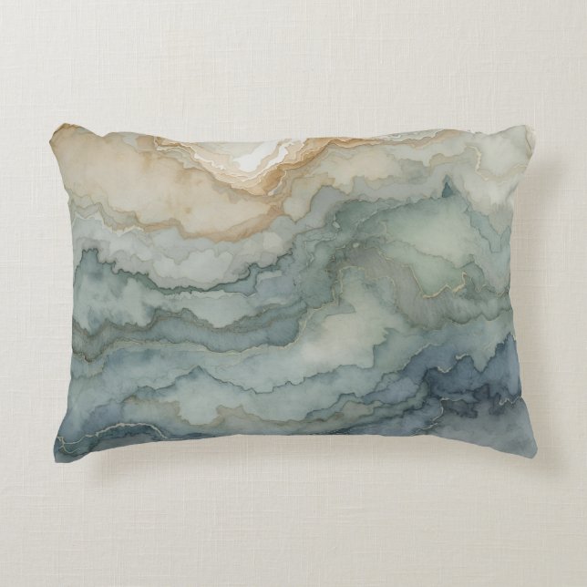 Sage Green Dusty Blue Beige Abstract Waves Decorative Cushion (Front)