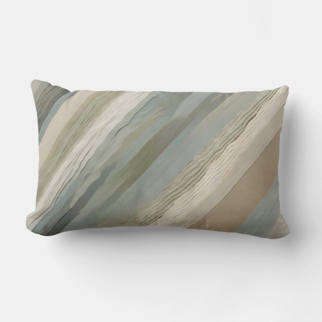 Sage Green Dusty Blue Beige Cream Abstract Stripe Lumbar Cushion (Front)