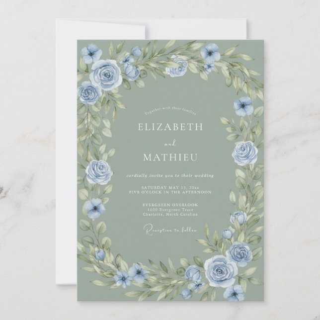 Sage Green Dusty Blue Botanical Wedding Invitation (Front)