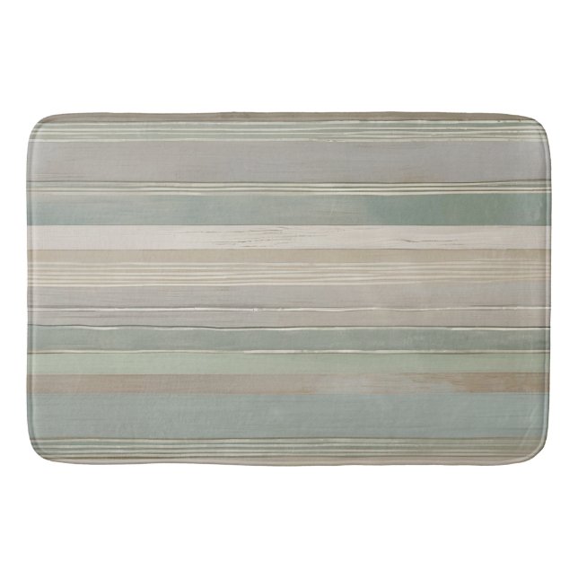 Sage Green Dusty Blue Taupe Grey Farmhouse Stripe Bath Mat (Front)