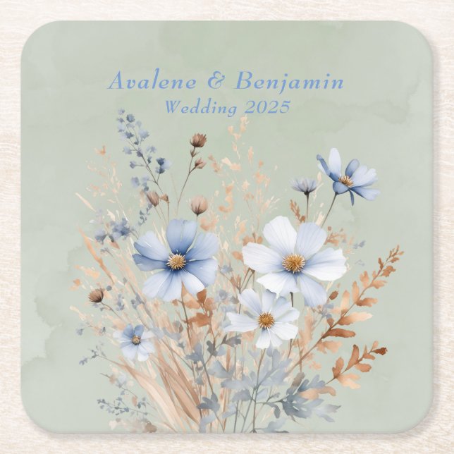 Sage Green Dusty Blue Wildflower Wedding Square Paper Coaster (Front)